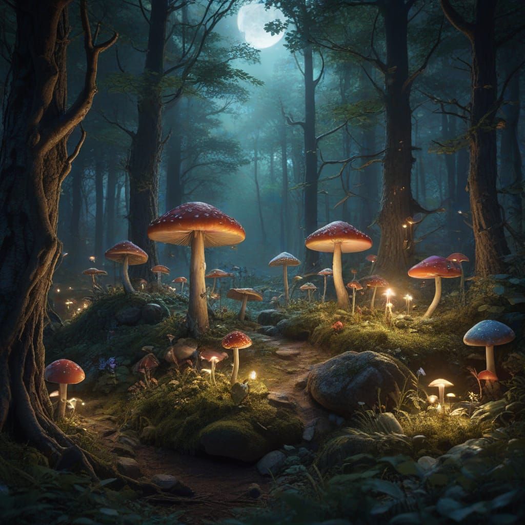 Magical Forest Clearing with Fantasy Creatures