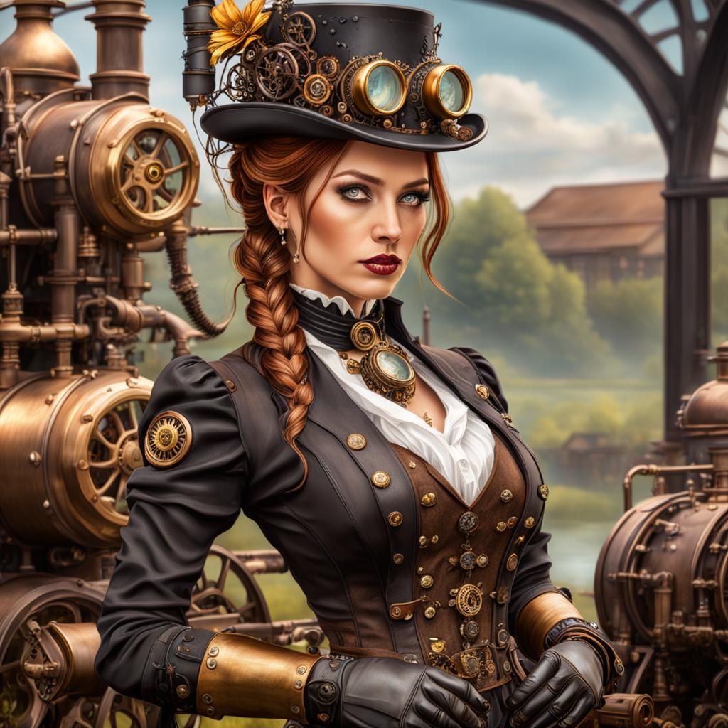 Beautiful Amish Steampunk woman dressed in an Steampunk outfit