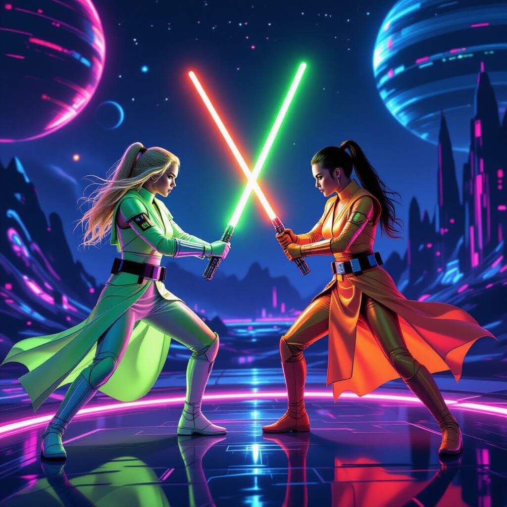 Epic Lightsaber Duel on a Neon Planet