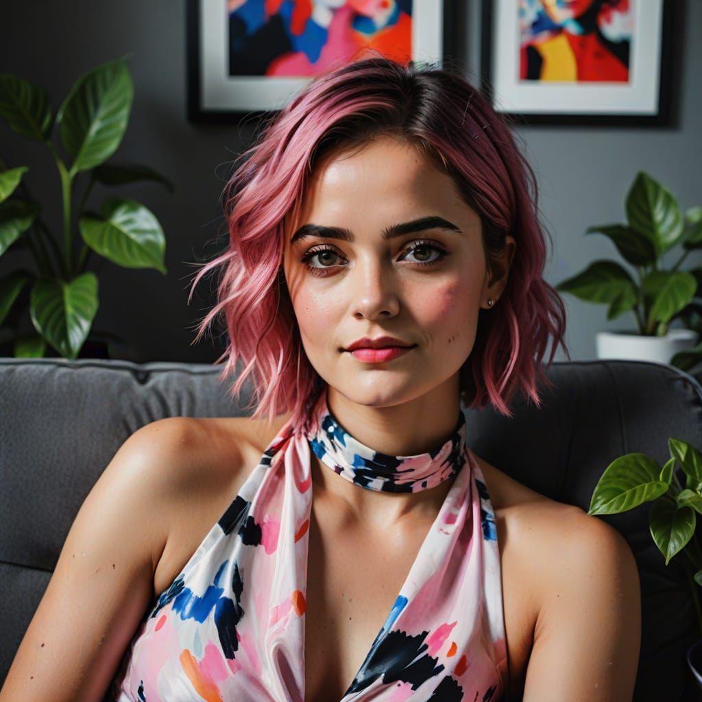 Pink Haired Woman on Sofa in Gerhard Richter Style