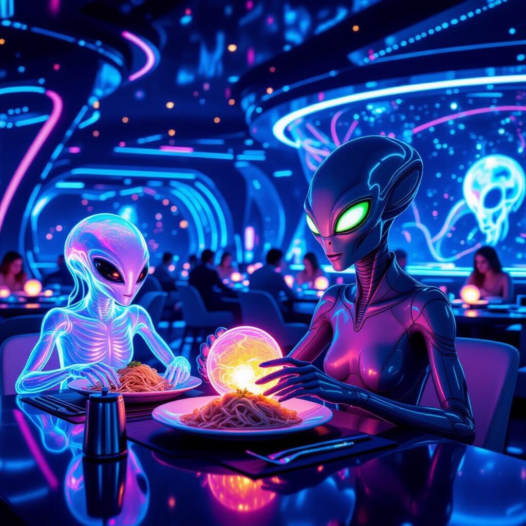 Futuristic Alien Restaurant Scene in Cyberpunk Style
