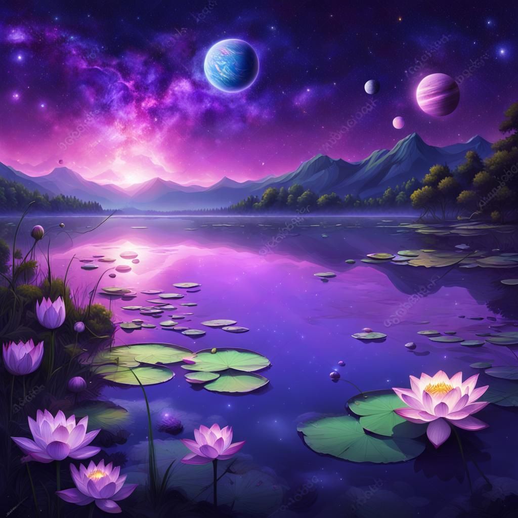 Blooming Lotus Flower Under Violet Starry Sky