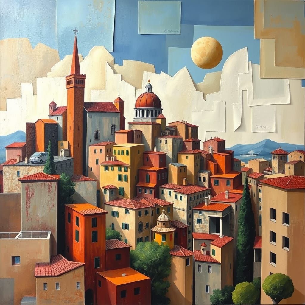 Surrealist Cubist Cityscape in Earthy Tones