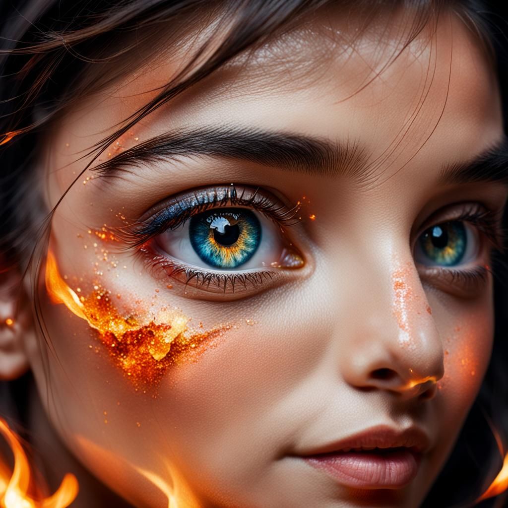 Close-up portraits highlighting eyes that shimmer like ember...