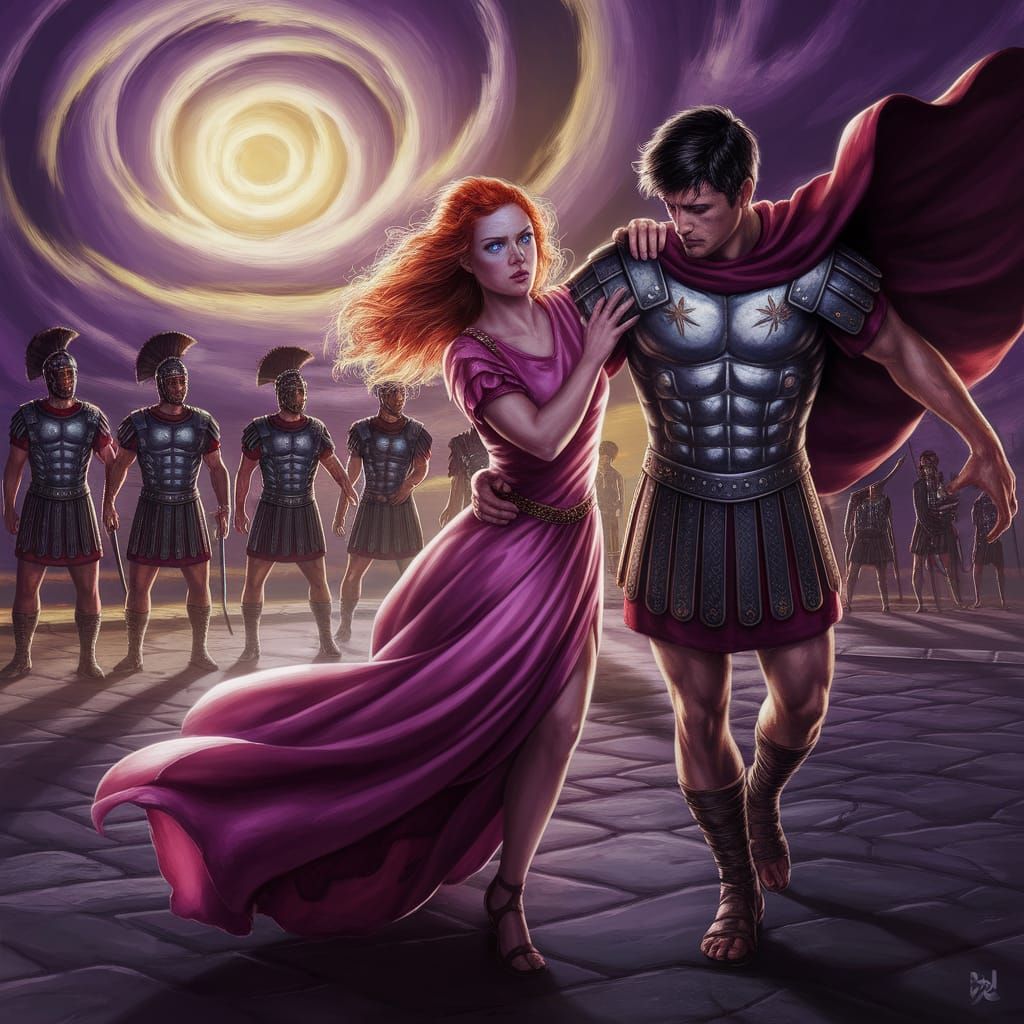 Dark Fantasy Couple in Ancient Rome Amidst a Whirlwind