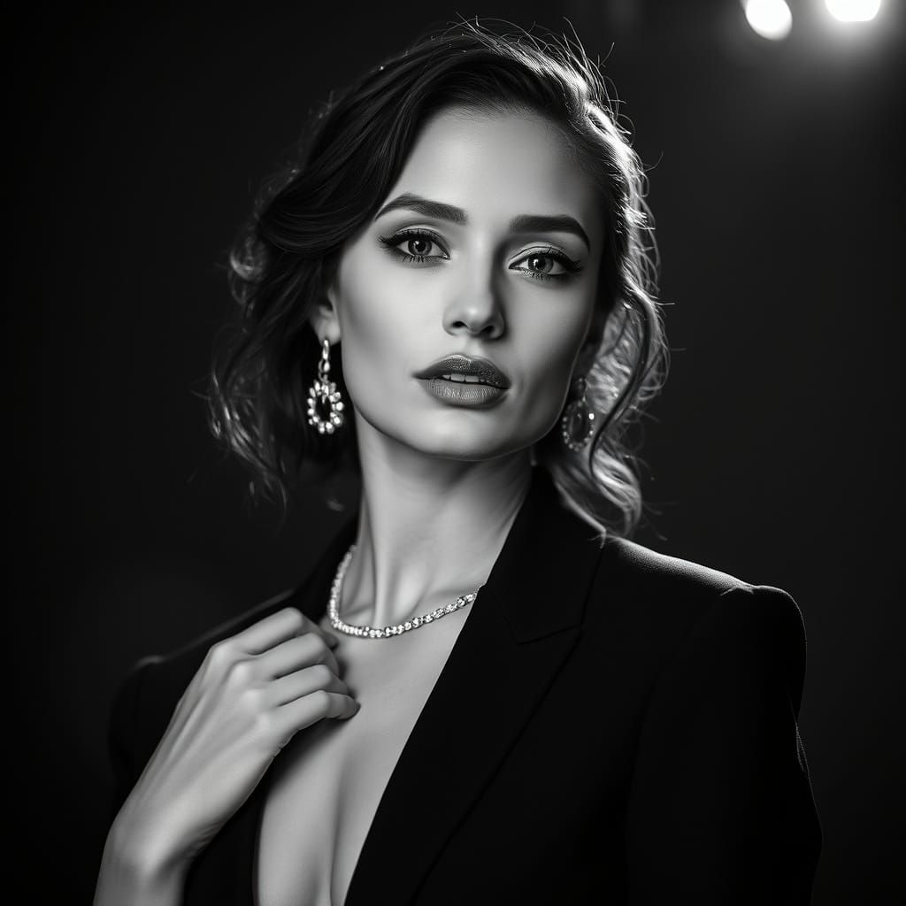 Elegant Woman in Black and White: Hyperrealistic Photography