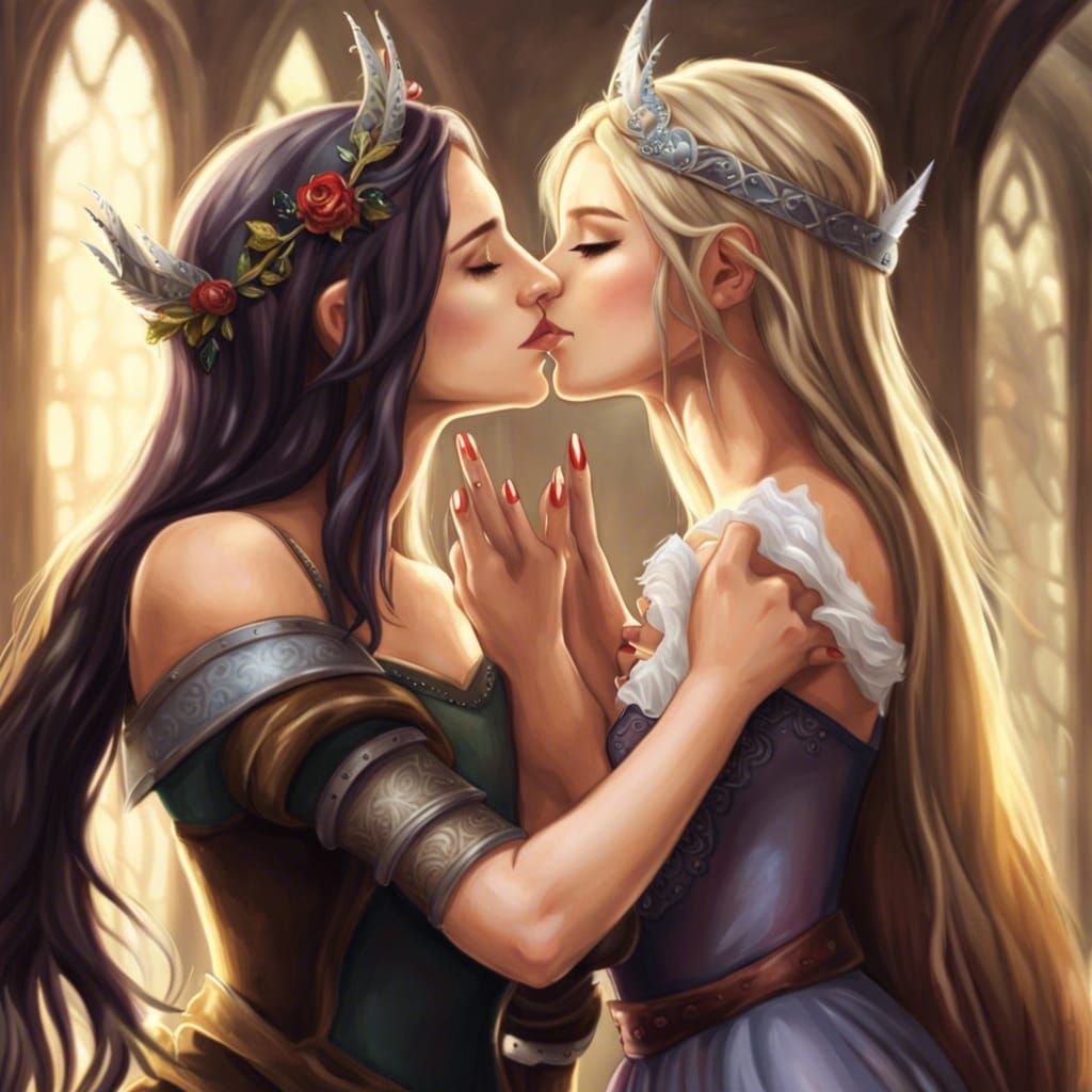 Medieval Princesses Share a Kiss in Fantasy Scene