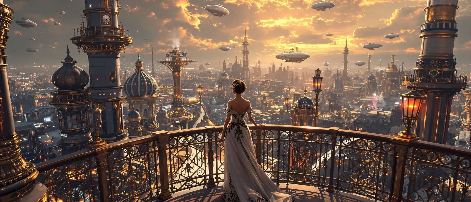 Steampunk Cityscape with Elegant Woman in Anime Style