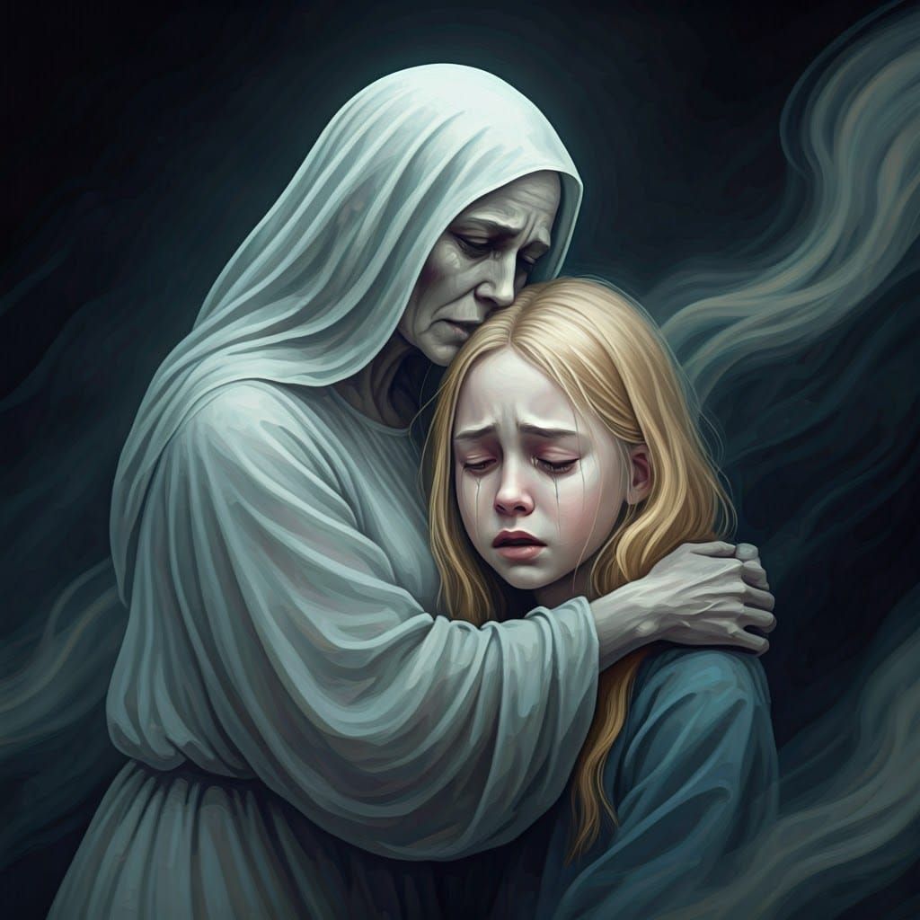 A Haunted Mother's Gentle Embrace in Dreamlike Watercolor