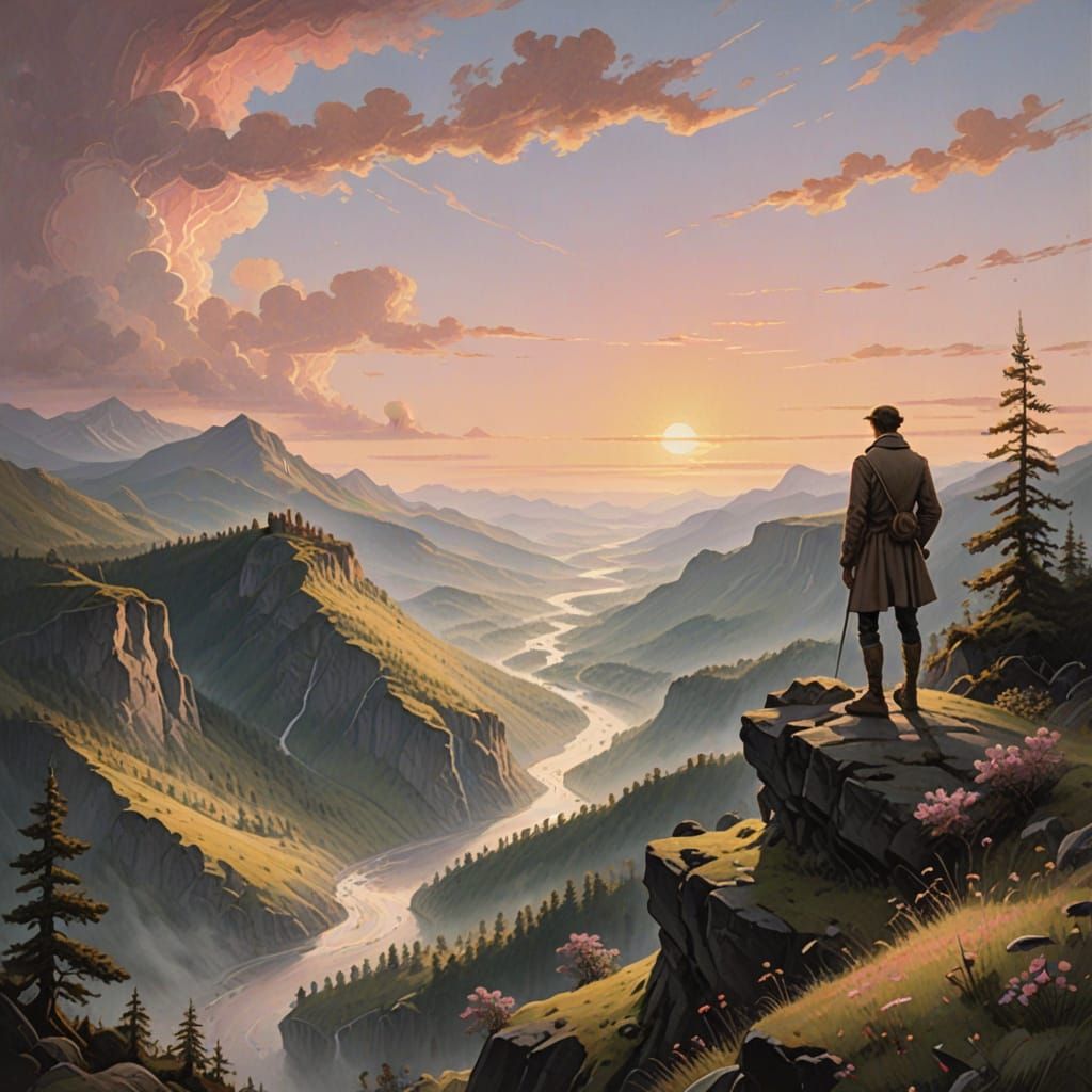 Wanderer Overlooking Misty Mountains at Dawn