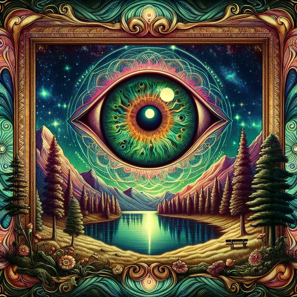 Ethereal Eye Amidst Cosmic Landscape in Vibrant, Ornate Fram...