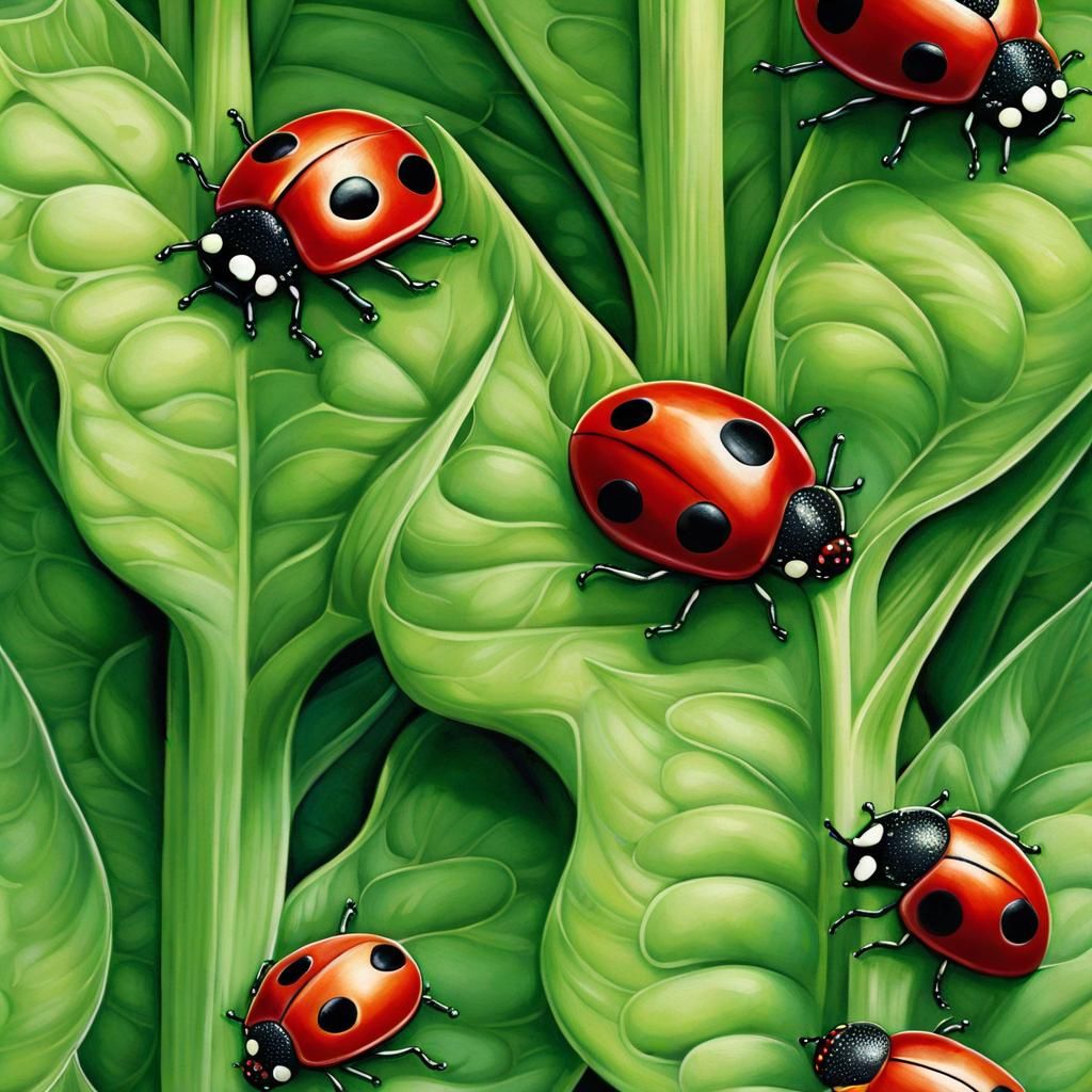 Ladybugs on Leafy Plant in Whimsical Style