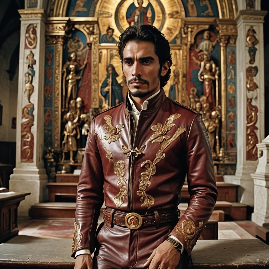 Beautiful, Human of Sune. Strong jawline. Resplendent Leather jerkin and trousers coloured golden, mahogany, reddish, or...