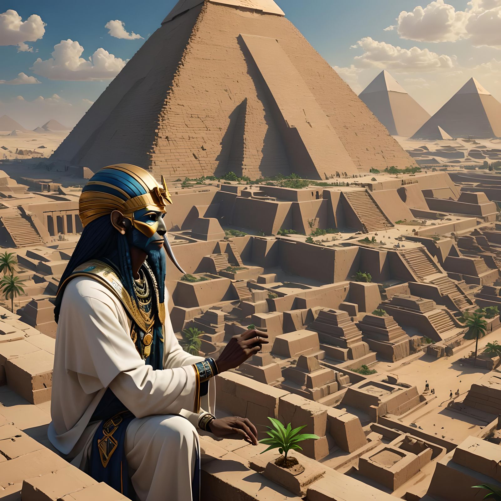 Thoth Observes Nephilim Pyramid Construction: 3D Anime Art