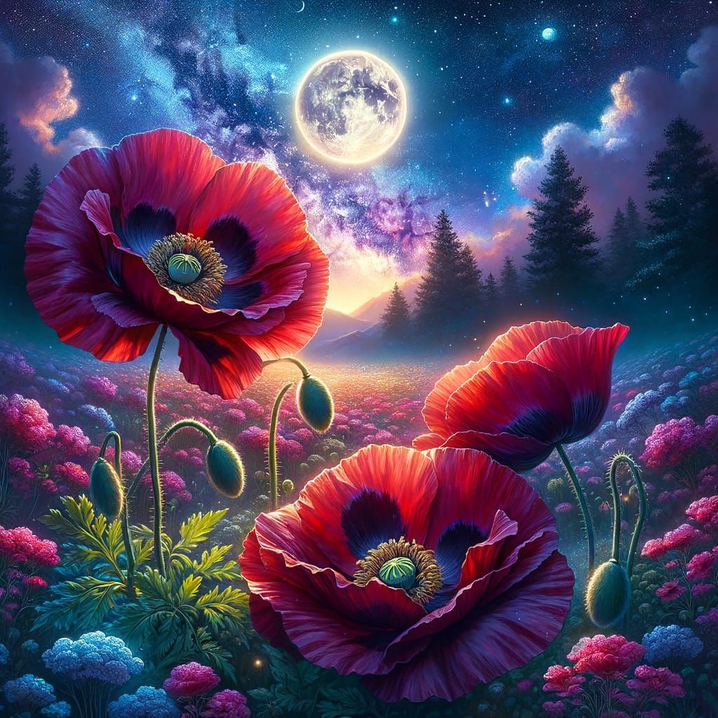 Scarlet Poppies Under Moonlight in Mixed Media
