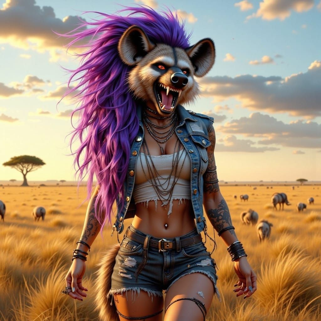 Surreal Goddess with Hyena Head in Vibrant Colors