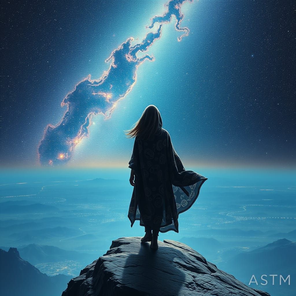 A Woman Steps into Infinity, in Dreamlike Futuristic Style