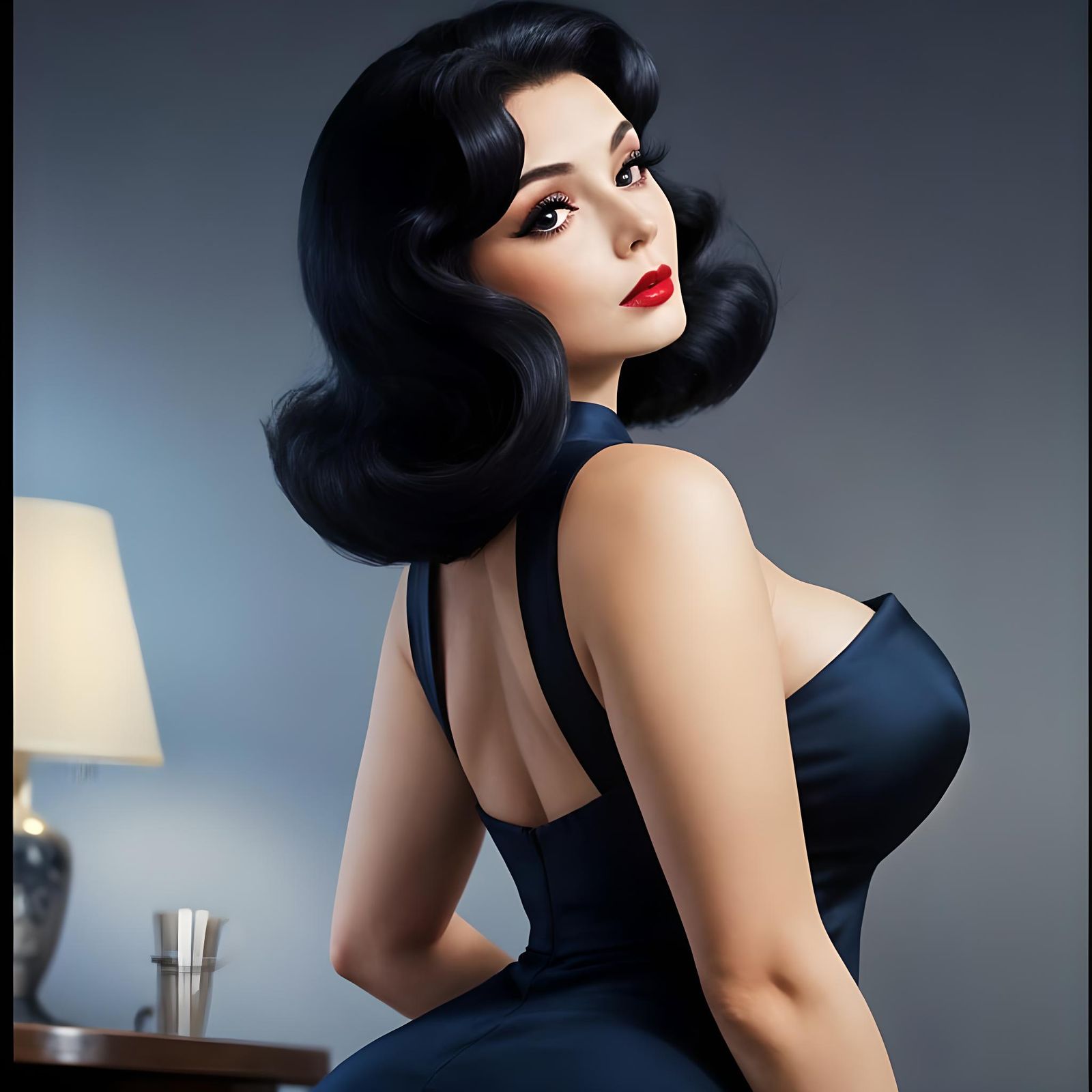 1960s Film Noir Woman in Navy Dress