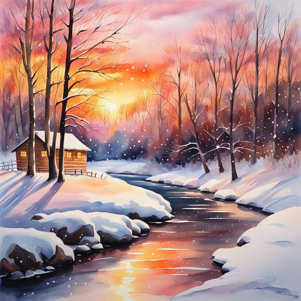 Snowy Winter Serenade in Watercolor Vibrance
