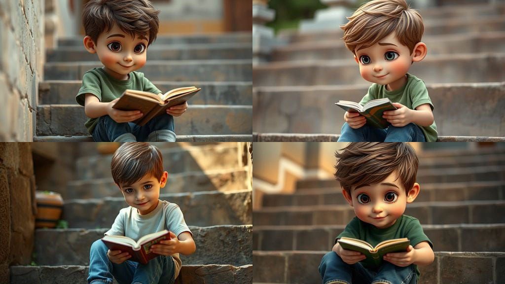 Pixar Style Boy Reading, 3D Cartoon