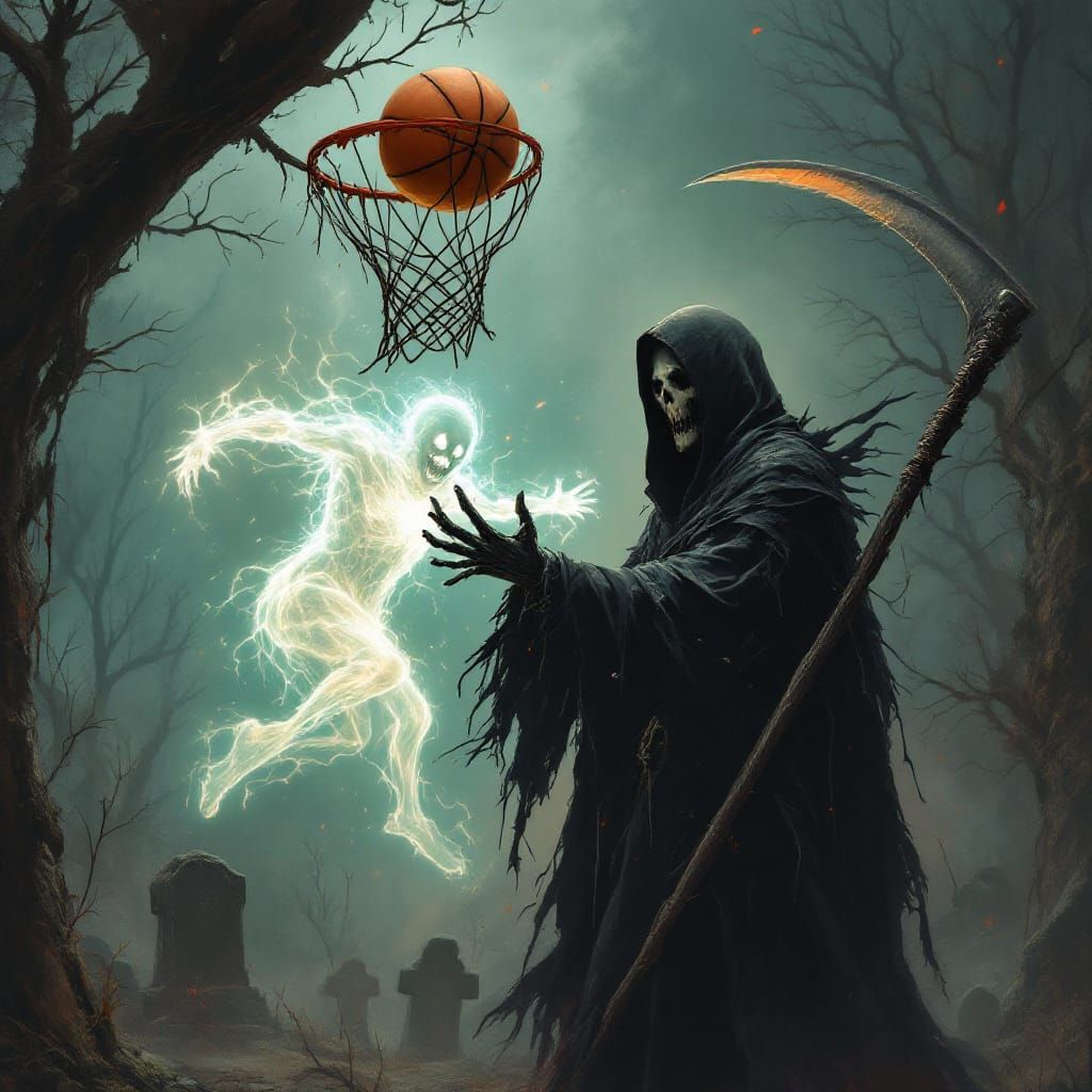 Scary grim reaper plays basketball in a cemetery against white one on one  ghost. Background dark and surreal Hyperreali...