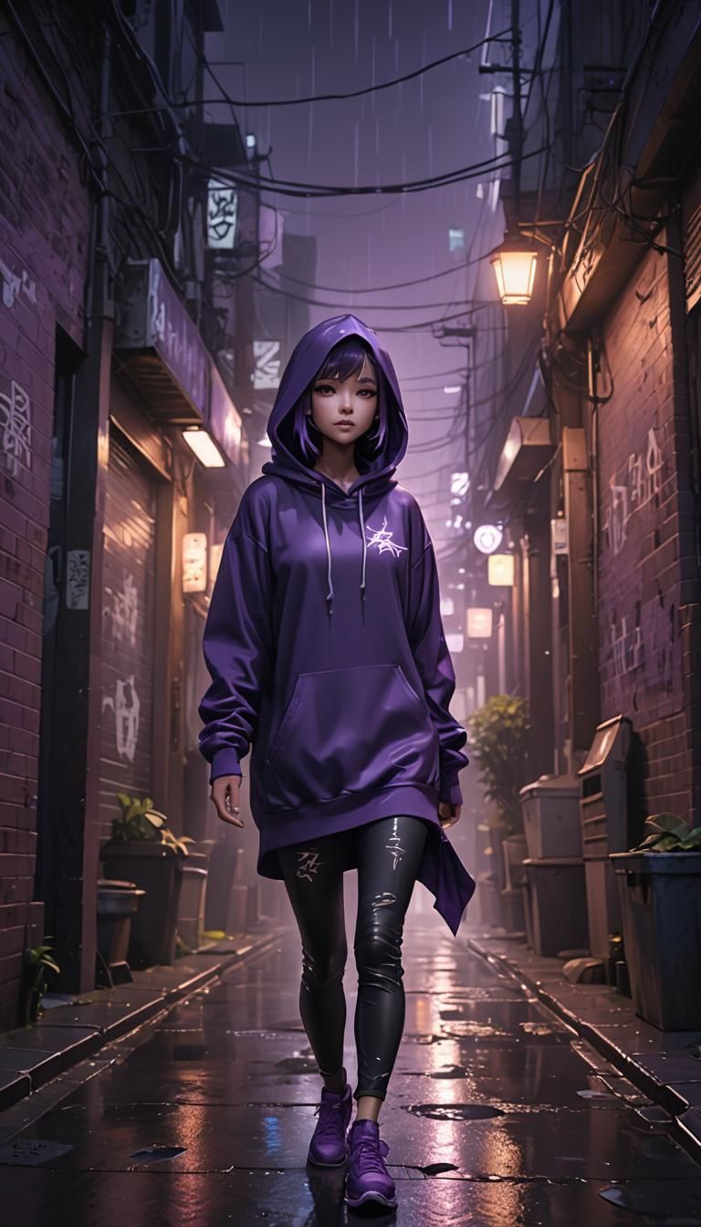 Girl in Purple Hoodie in Dimly Lit Alley