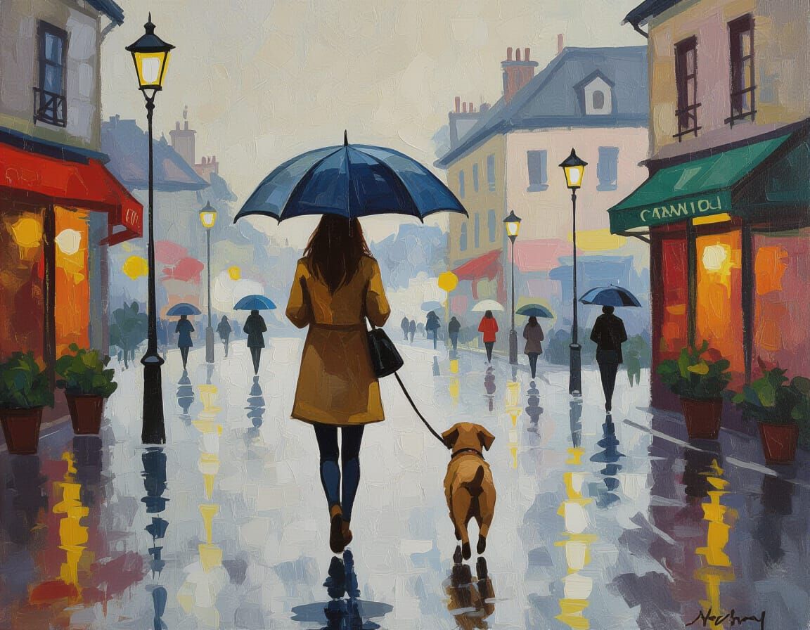 Rainy Morning Walk in Impressionist Style