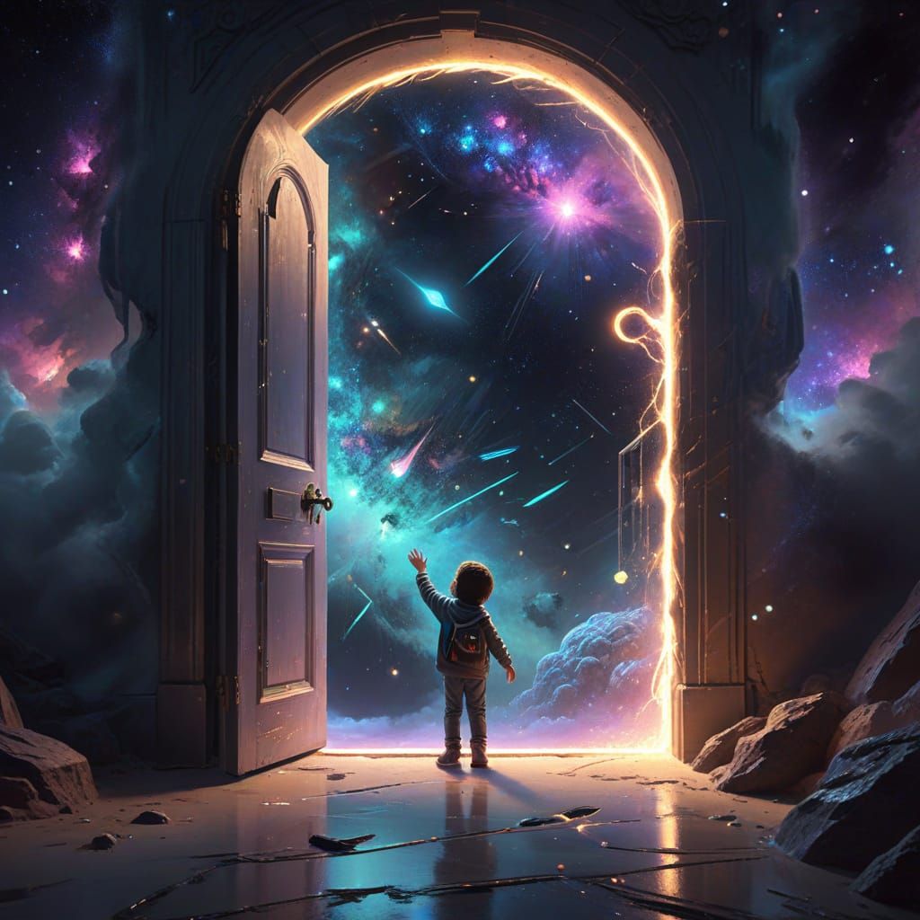 Child Reaching for Glowing Doorway in Cosmic Void