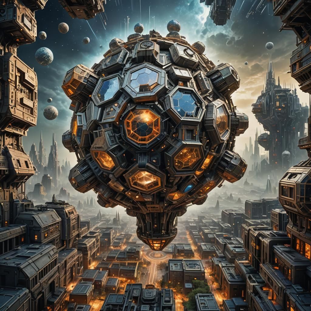 Dodecahedron Space City in Hyperrealistic Style