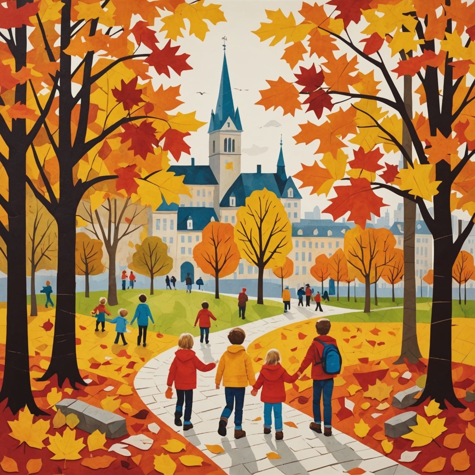 Autumn Park Scene in Paper Collage Style