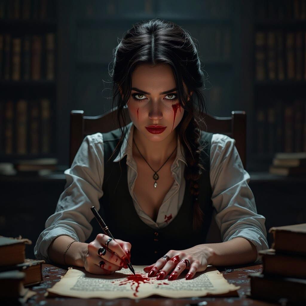 Female Writer with Ink and Blood: Hyperrealistic Portrait