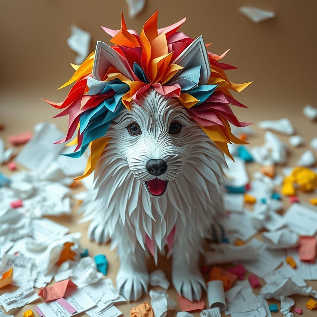 Colorful Origami Samoyed in Whimsical Papercraft Style