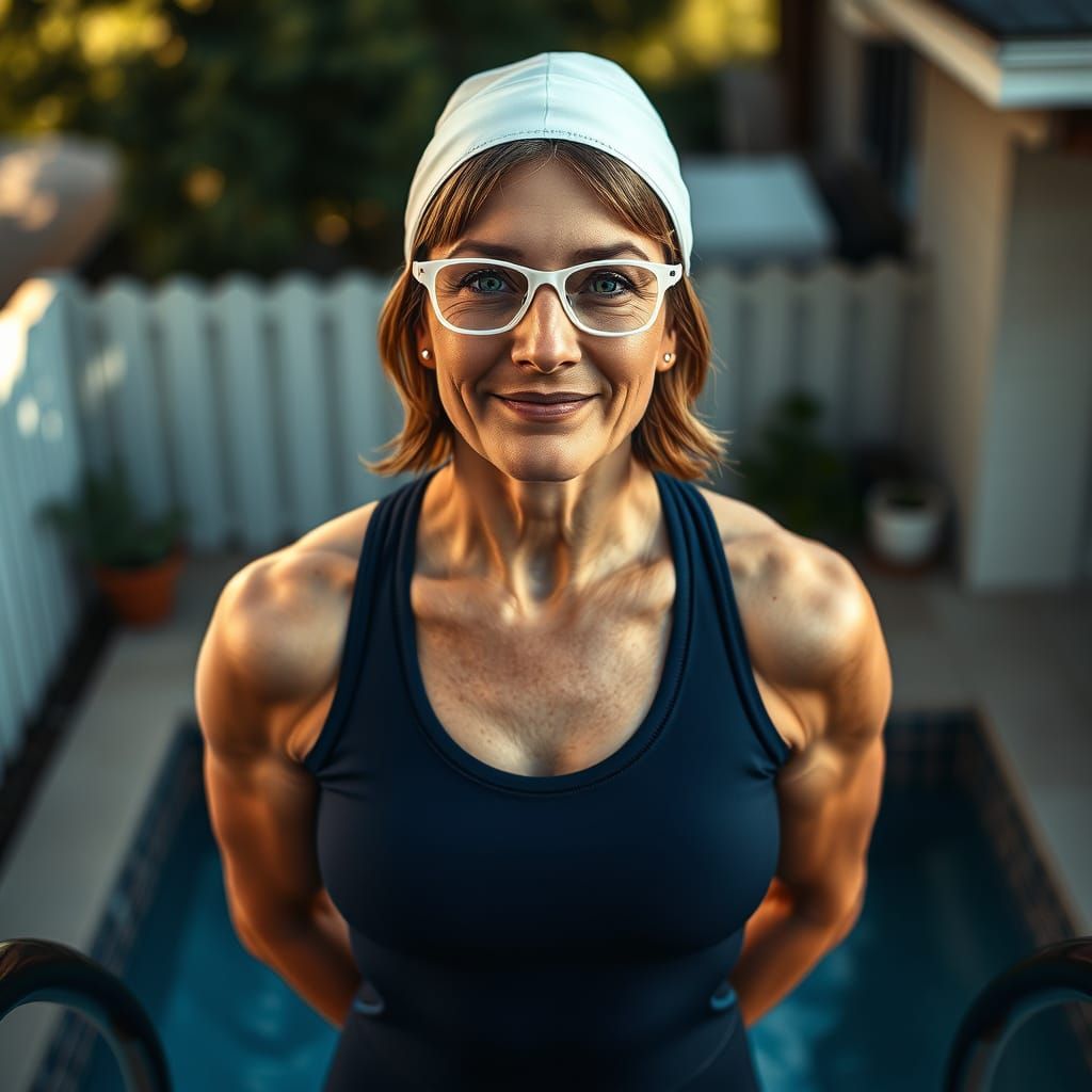 Muscular Woman Relaxing by Pool in 2050s Houston