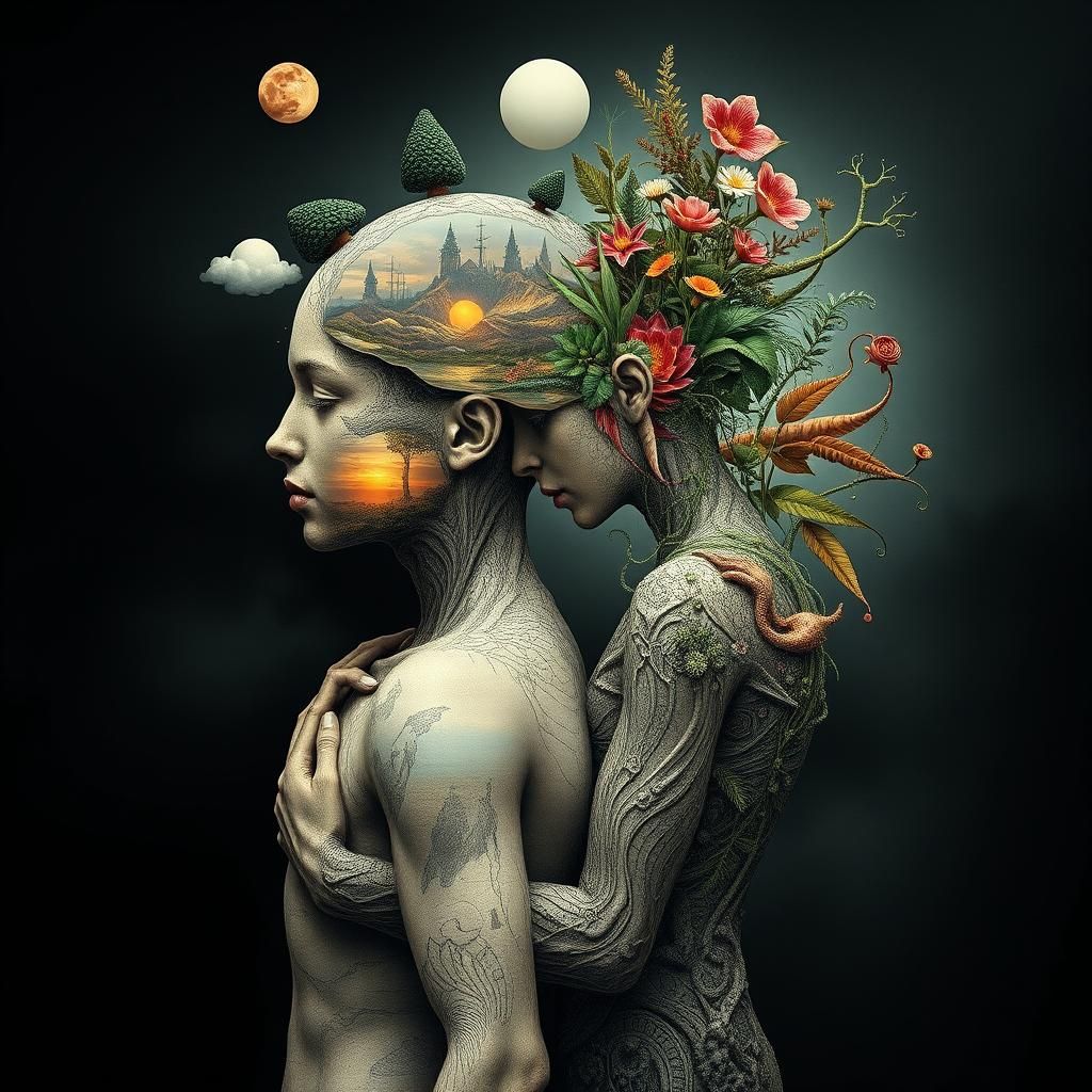 Intertwined Figures Reveal Surreal Mindscape