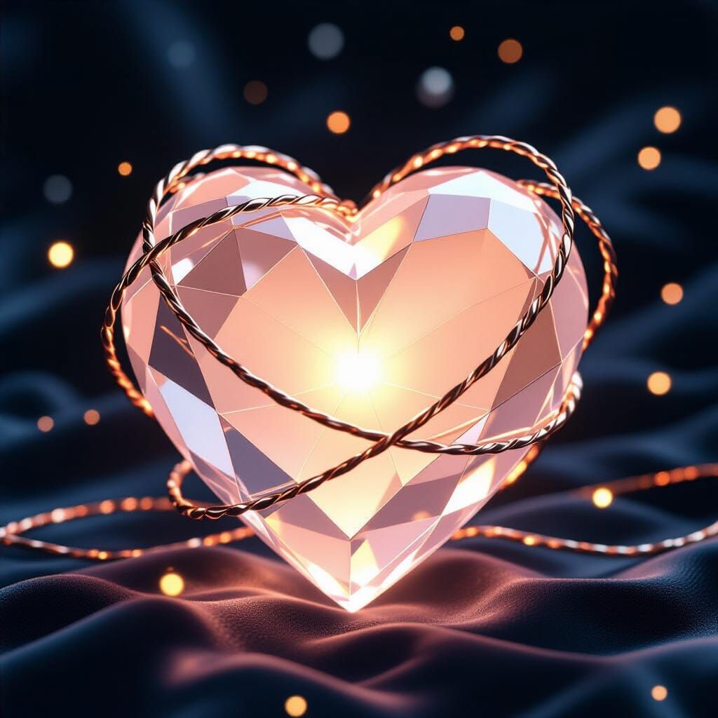 Glowing Silicon Heart with Golden Light Strands