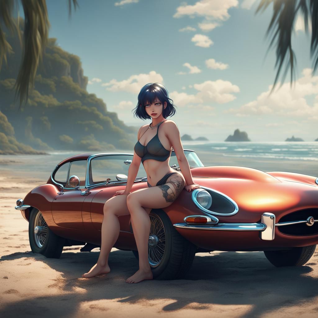 Anime Girl on Beach with Jaguar E-Type
