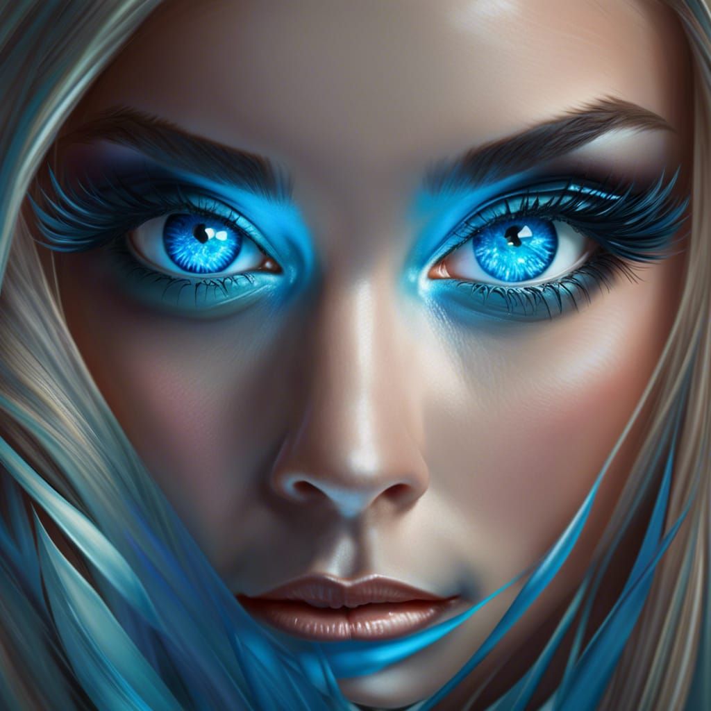 Gorgeous woman's bright blue eyes fully dilated in shock