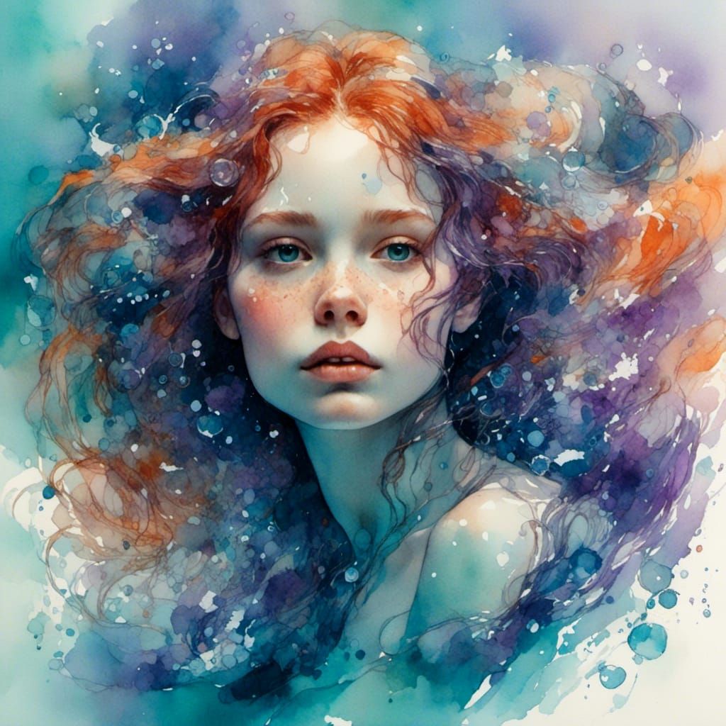 Underwater Mermaid Portrait in Watercolor Style