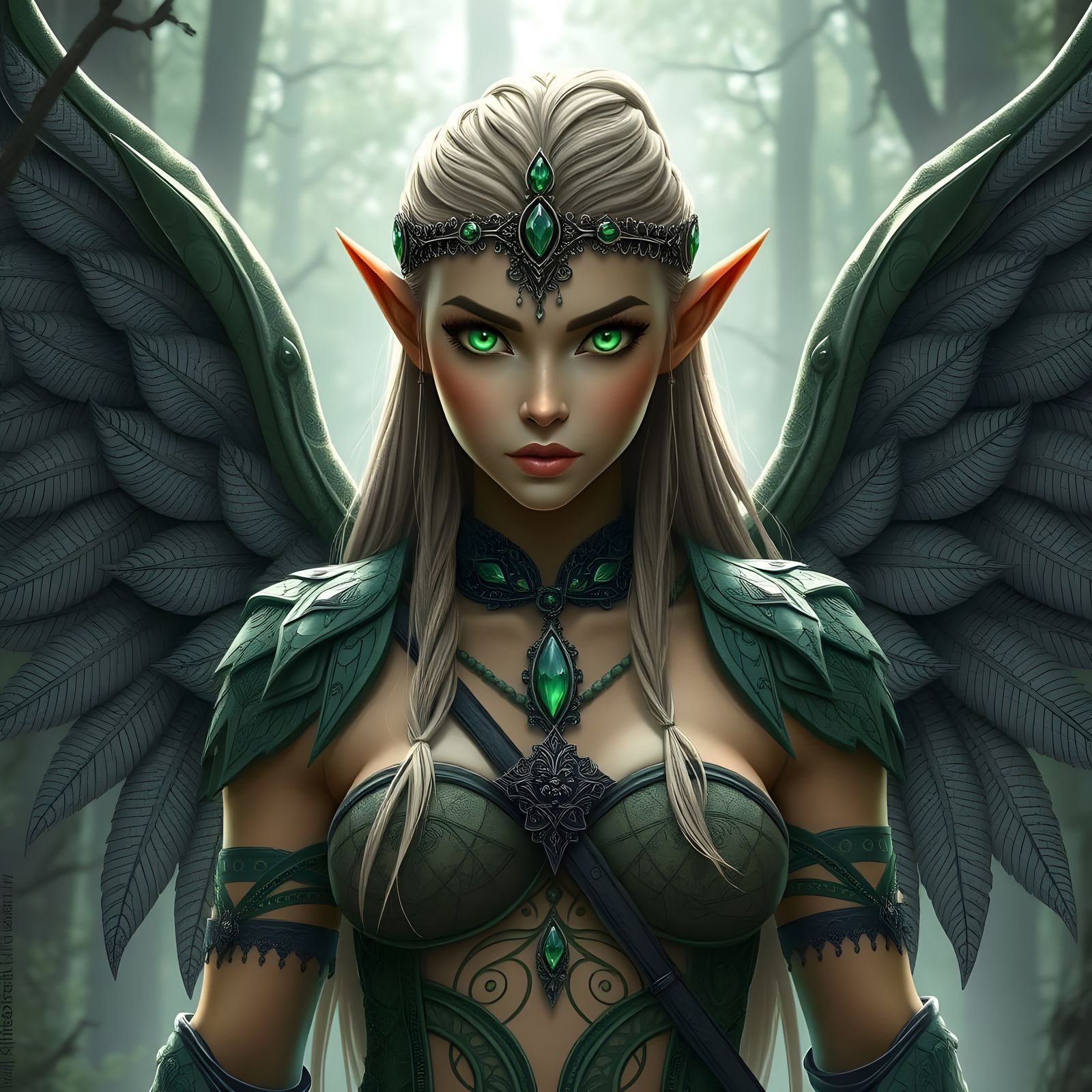 Elven Warrior with Emerald Eyes and Wings