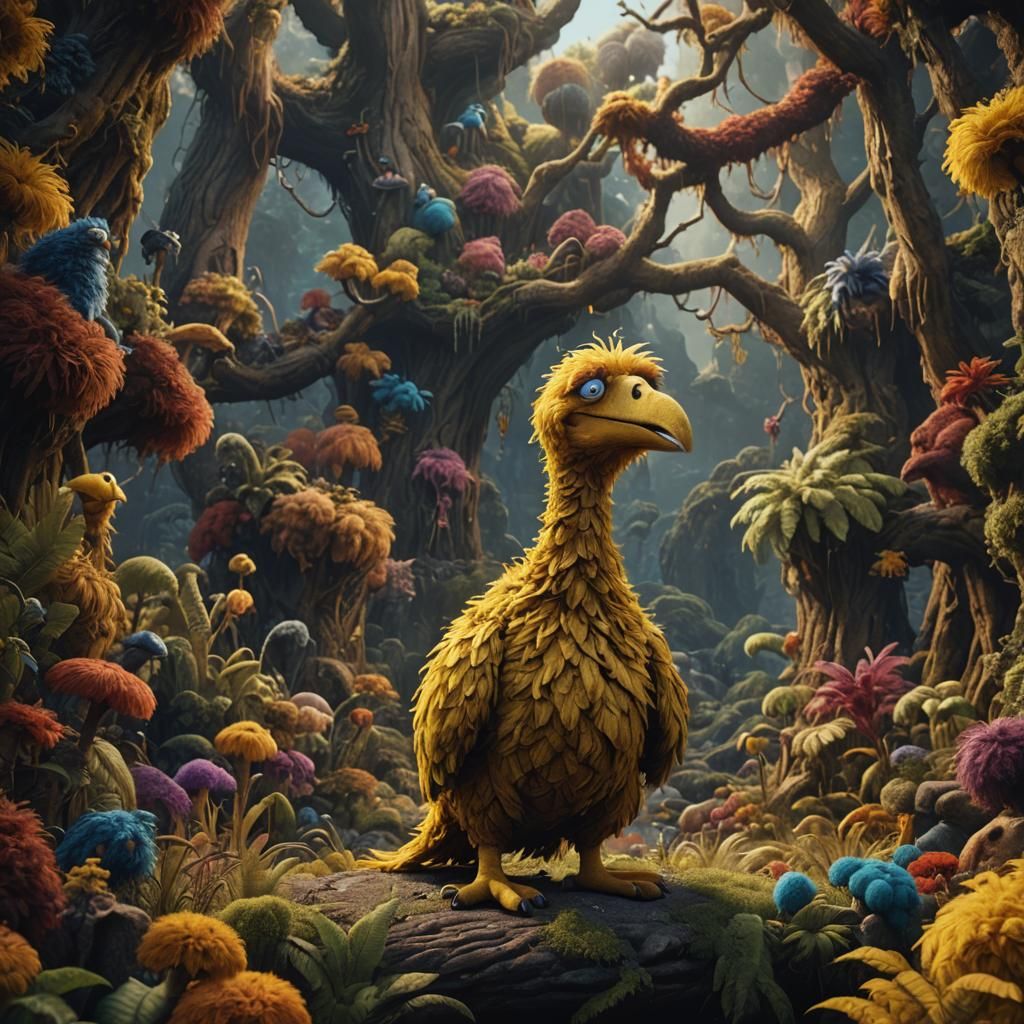 Fantastical Big Bird-Snuffleupagus Hybrid in Detailed Digita...