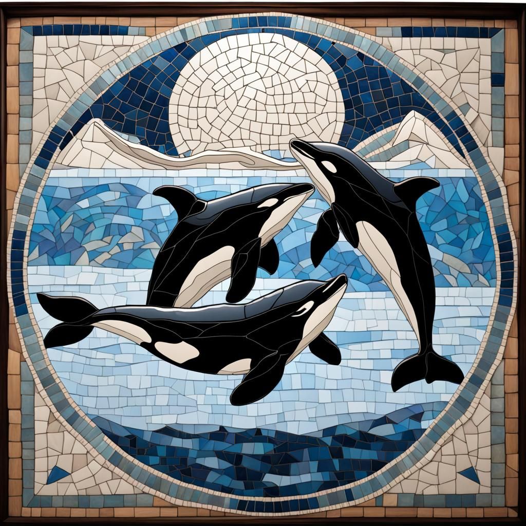 Orcas Dancing Under Moonlight: A Mosaic Scene