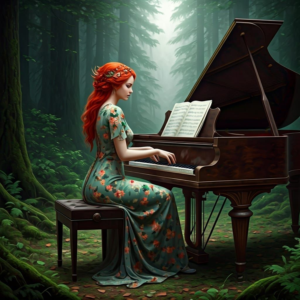 Fairy Plays Piano in Lush Green Forest