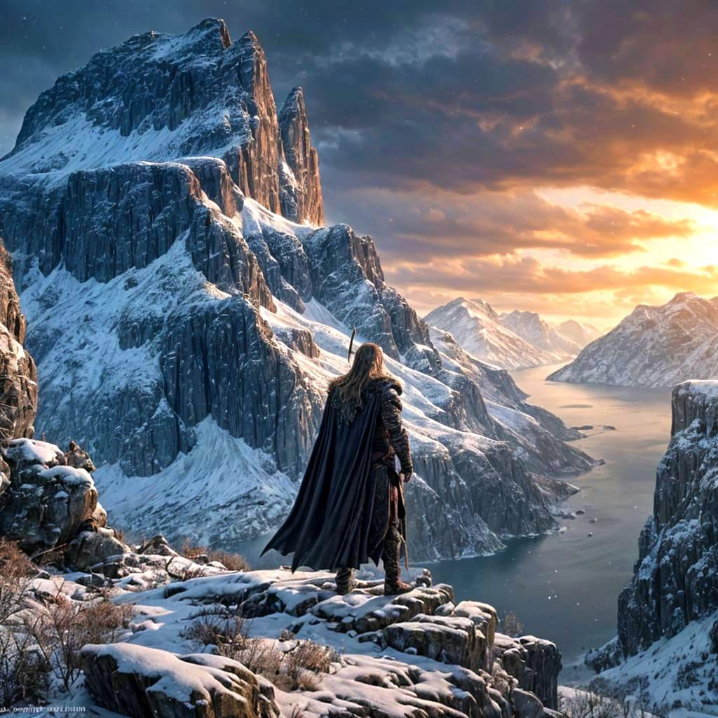 Odin in Exquisite Armor Overlooking Fjord