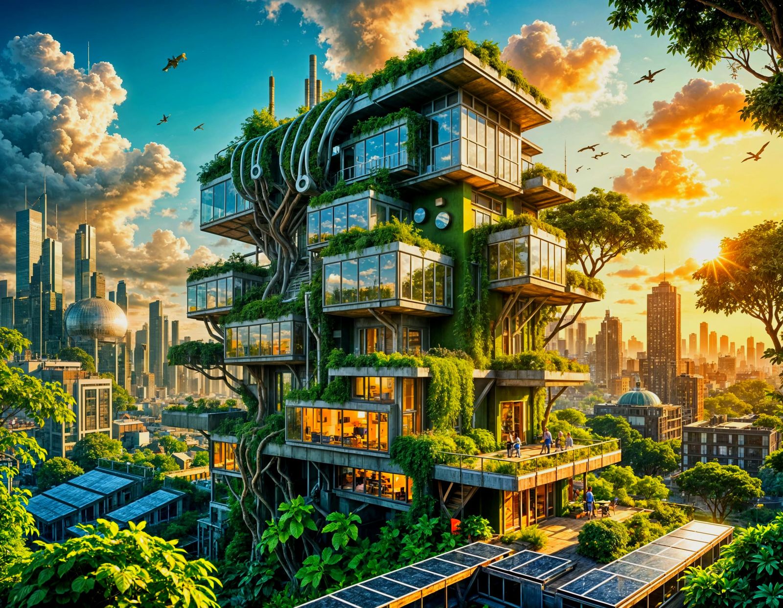 Solarpunk rooftop garden house