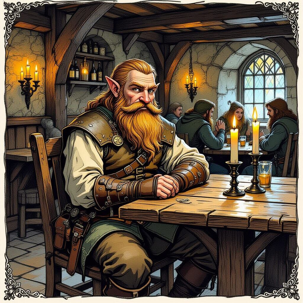 Gnome Adventurer in Tavern: Old English Fairytale Print Styl...