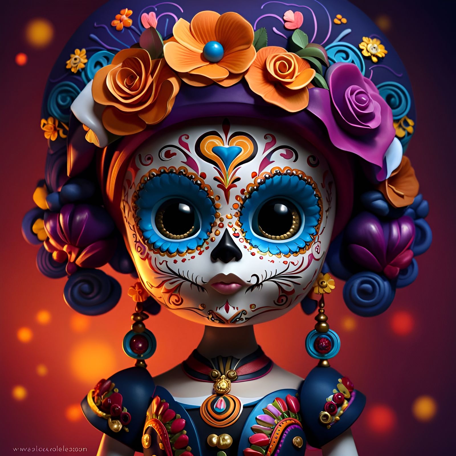 Halloween Sugar Skull Doll with Cat Decoration