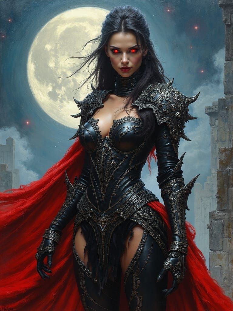 Ethereal Vampire Lady Warrior Under Full Moon