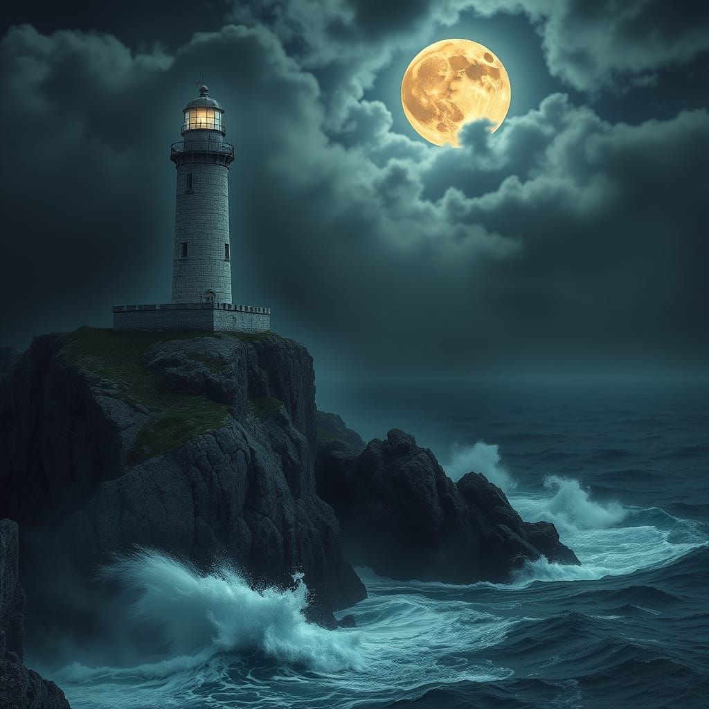 Eerie Lighthouse Scene in a Stormy, Moonlit Night