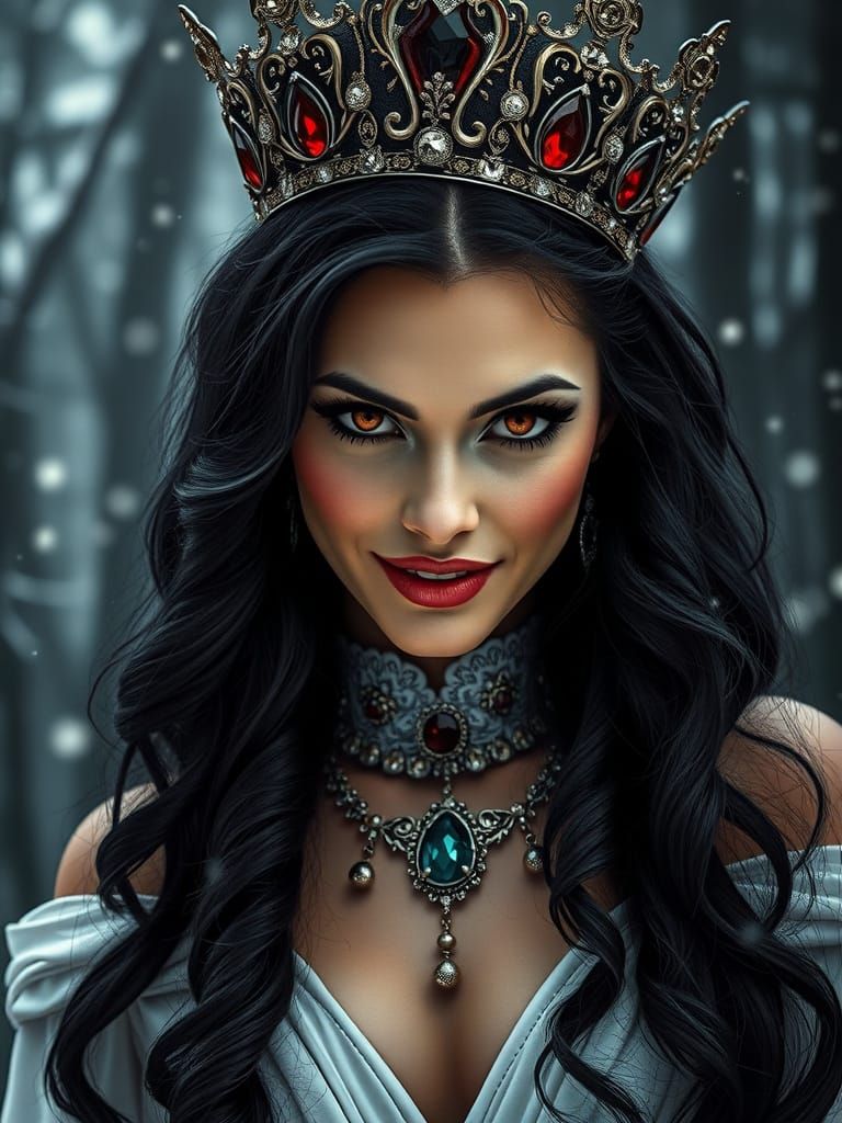 Regal Vampire Queen in Winter Forest, Evil Smile