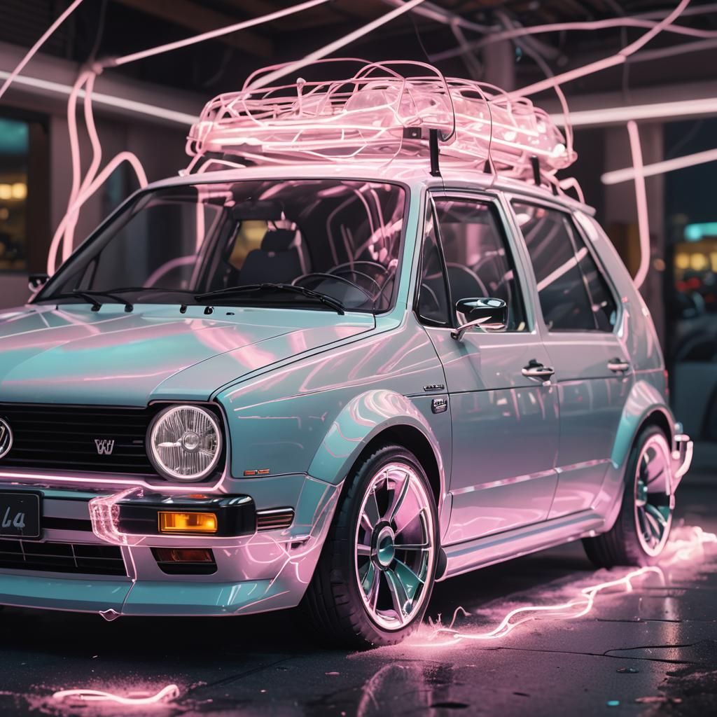 Hyperrealistic, cute, adorable, fluffy colored VW Golf, crystal glass-like, surrealistic, white glow, glowing wires, con...